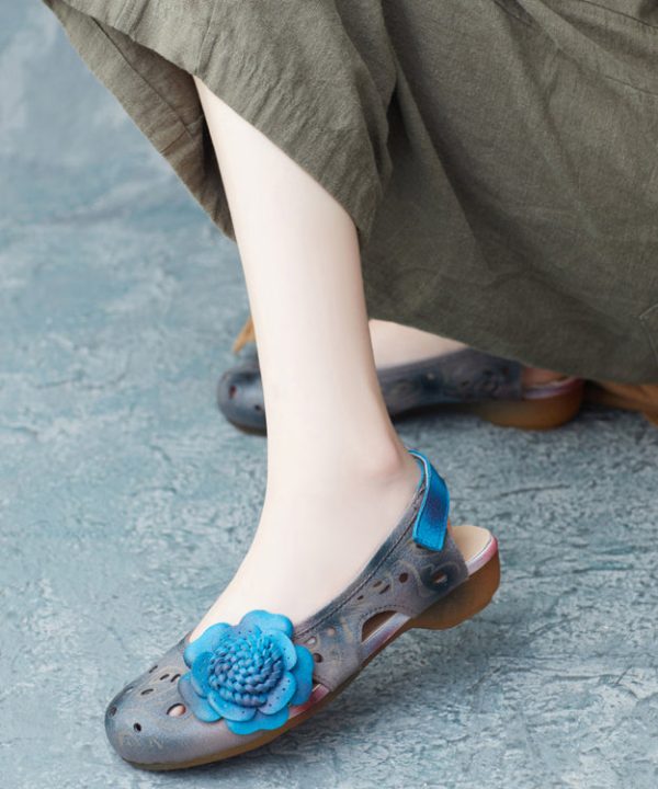 Women Blue Cowhide Splicing Buckle Strap Sandals - Image 4
