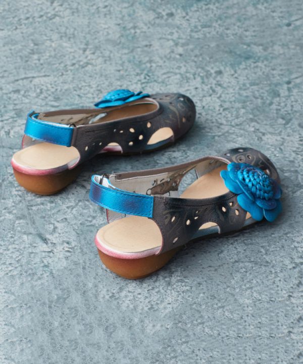 Women Blue Cowhide Splicing Buckle Strap Sandals - Image 5