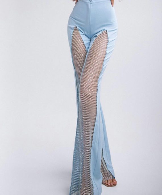 Women Blue Hollow Out Patchwork Tulle Bell-bottom Trousers Spring