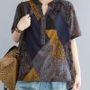 Women Blue Yellow V Neck Cotton Linen Blouse Tops Summer