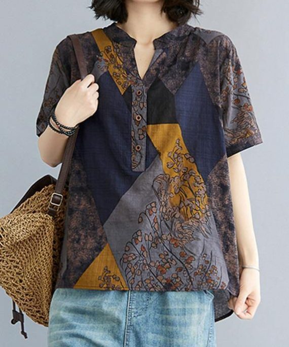 Women Blue Yellow V Neck Cotton Linen Blouse Tops Summer