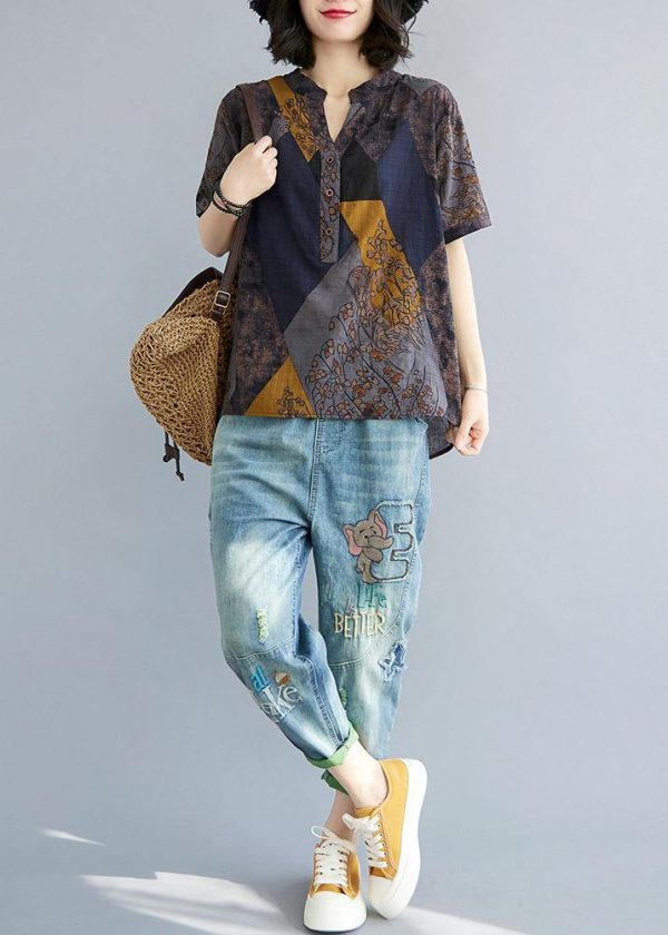 Women Blue Yellow V Neck Cotton Linen Blouse Tops Summer - Image 2