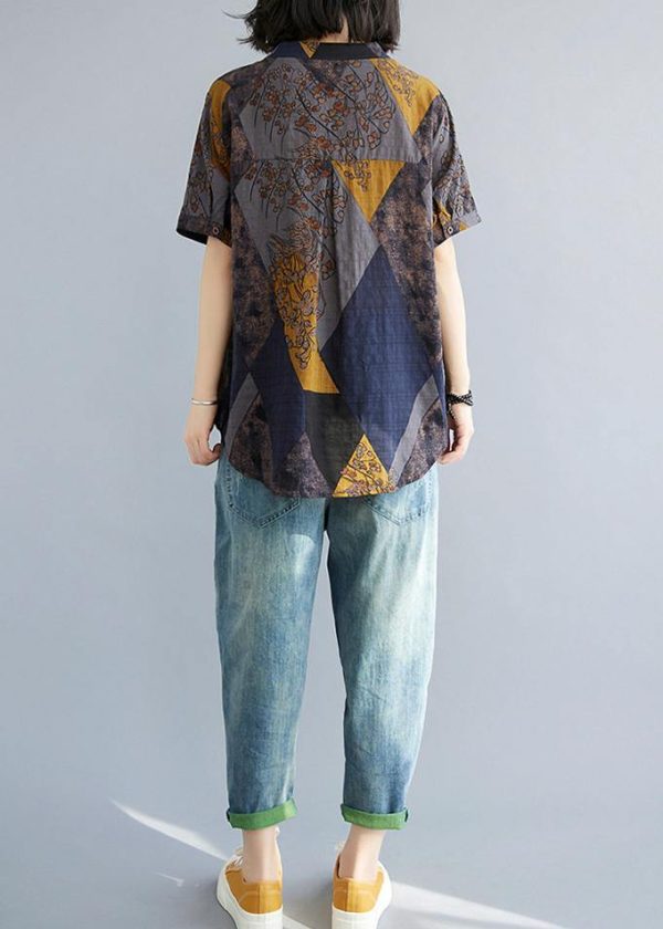 Women Blue Yellow V Neck Cotton Linen Blouse Tops Summer - Image 4