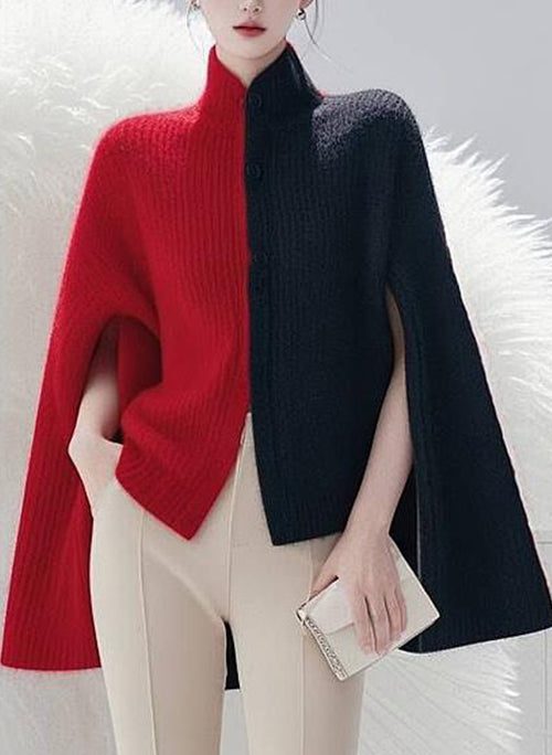 Women Colorblock Side Open Cozy Knit Cape Sweaters Spring