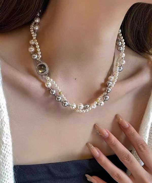 Women Colorblock Sterling Silver Zircon Double Layer Pearl Square Gratuated Bead Necklace - Image 2