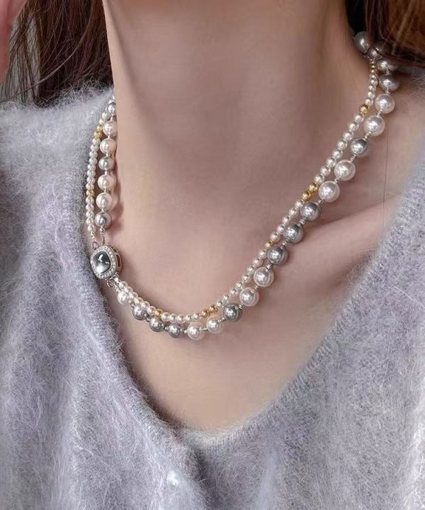 Women Colorblock Sterling Silver Zircon Double Layer Pearl Square Gratuated Bead Necklace - Image 3