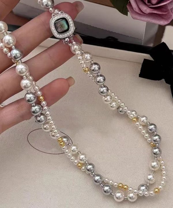 Women Colorblock Sterling Silver Zircon Double Layer Pearl Square Gratuated Bead Necklace - Image 4