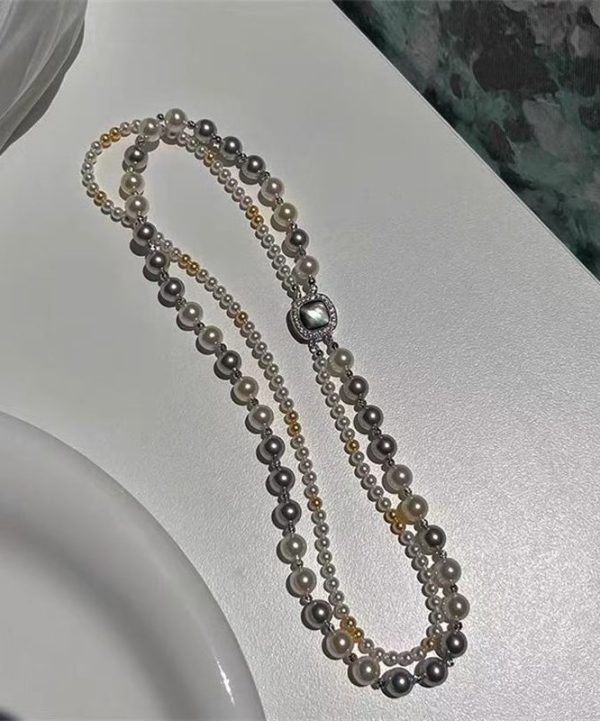 Women Colorblock Sterling Silver Zircon Double Layer Pearl Square Gratuated Bead Necklace - Image 5
