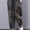 Women Cotton Vintage Embroidered Elastic Waist Casual Jeans