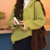 Women Green Hooded Loose Knit Sweaters Spring