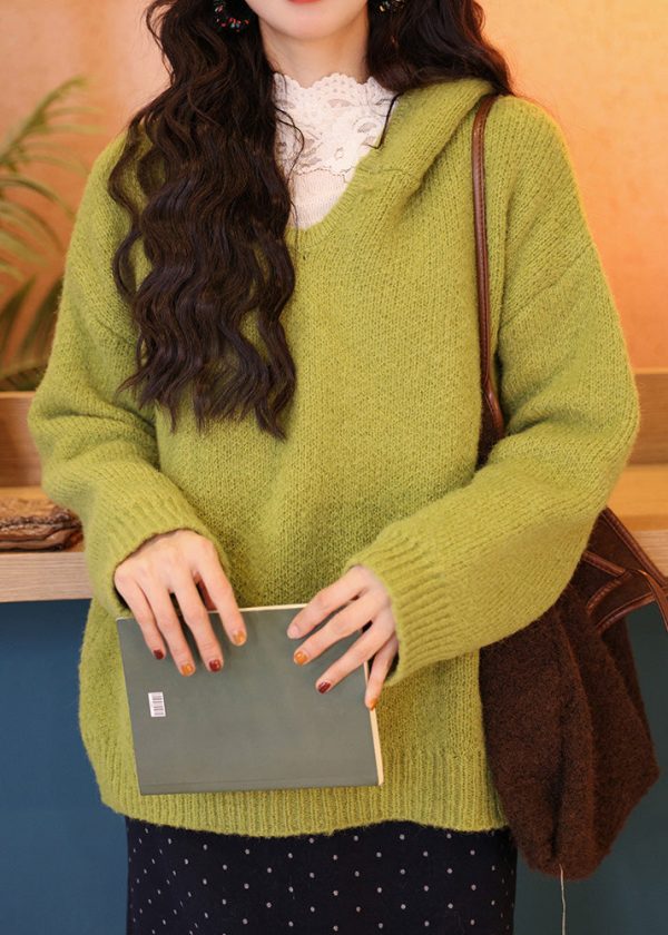 Women Green Hooded Loose Knit Sweaters Spring - Image 3