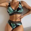 Women Green Leaf Printed High Waisted Split Bikini Swimwear Set