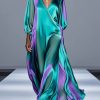 Women Green Oversized Tie Dye Silk Robe Dresses Bracelet Sleeve