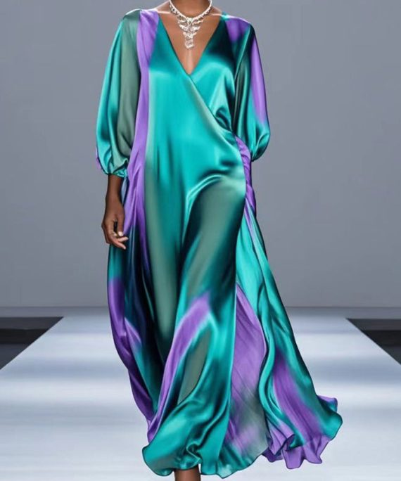 Women Green Oversized Tie Dye Silk Robe Dresses Bracelet Sleeve