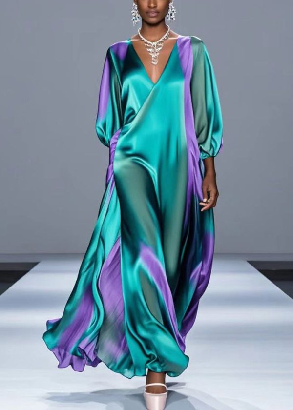 Women Green Oversized Tie Dye Silk Robe Dresses Bracelet Sleeve - Image 3