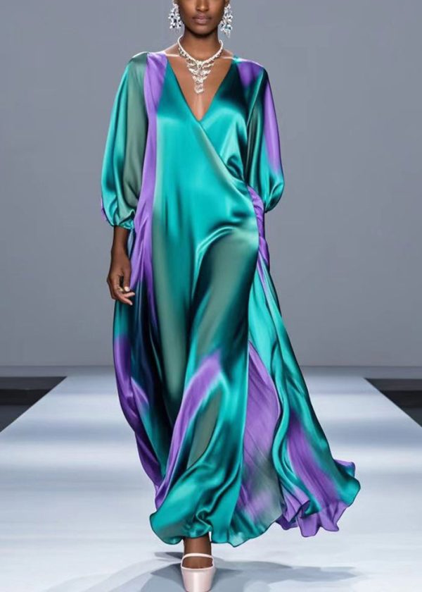 Women Green Oversized Tie Dye Silk Robe Dresses Bracelet Sleeve - Image 5