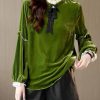 Women Green Ruffled Patchwork Velour Shirt Top Spring