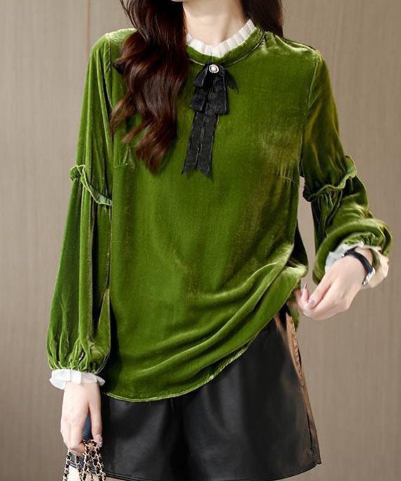 Women Green Ruffled Patchwork Velour Shirt Top Spring