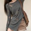 Women Grey Asymmetrical Hollow Out Knit Sweater Spring