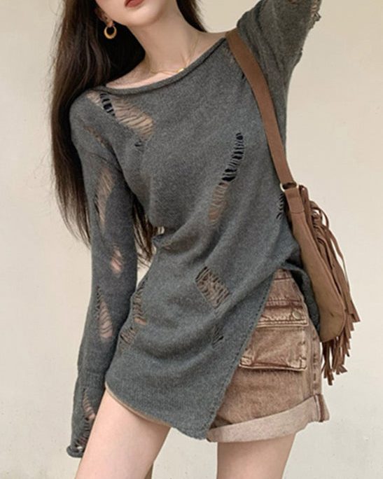 Women Grey Asymmetrical Hollow Out Knit Sweater Spring