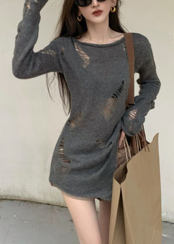 Women Grey Asymmetrical Hollow Out Knit Sweater Spring - Image 2