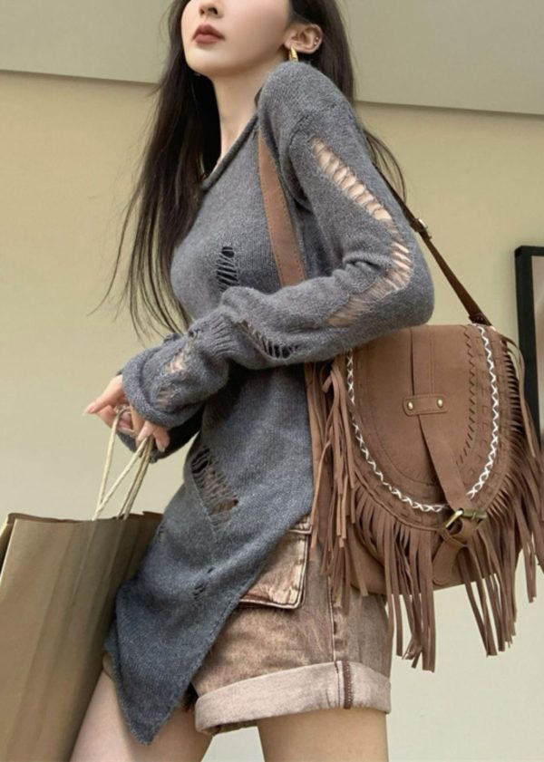 Women Grey Asymmetrical Hollow Out Knit Sweater Spring - Image 5