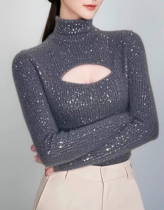 Women Grey Hign Neck Hollow Out Knit Sweater Spring