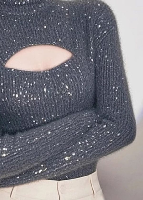 Women Grey Hign Neck Hollow Out Knit Sweater Spring - Image 2