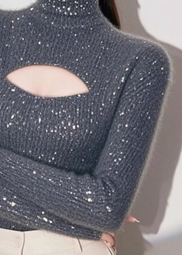 Women Grey Hign Neck Hollow Out Knit Sweater Spring - Image 3