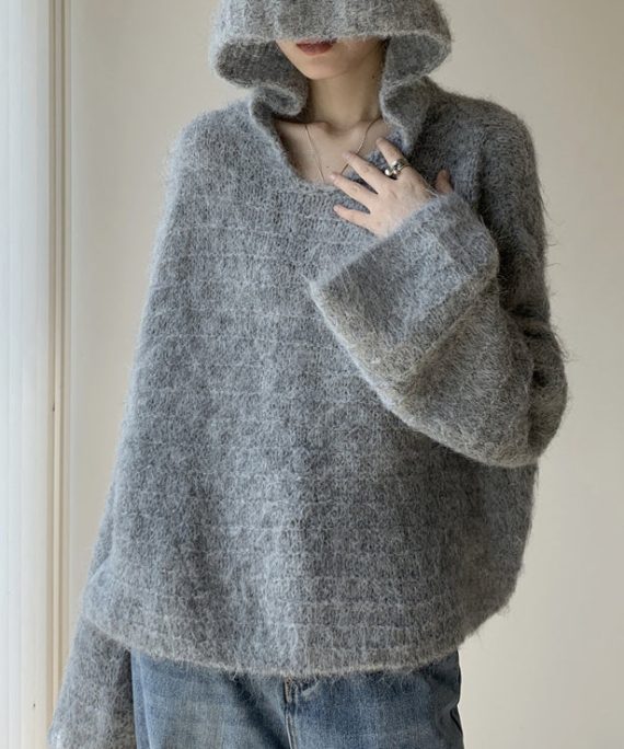 Women Grey Hooded Solid Cotton Knit Sweaters Spring