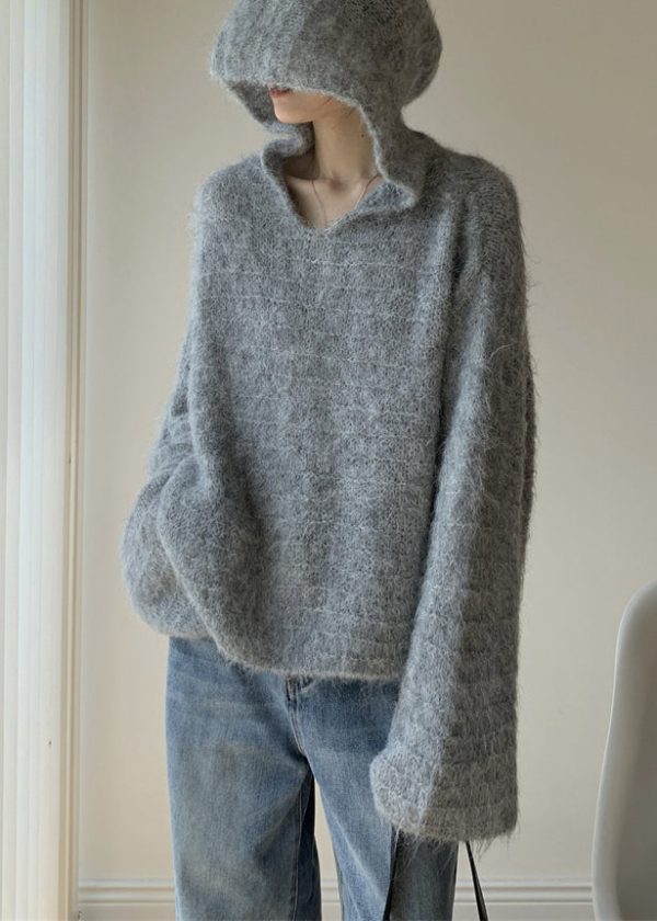 Women Grey Hooded Solid Cotton Knit Sweaters Spring - Image 3