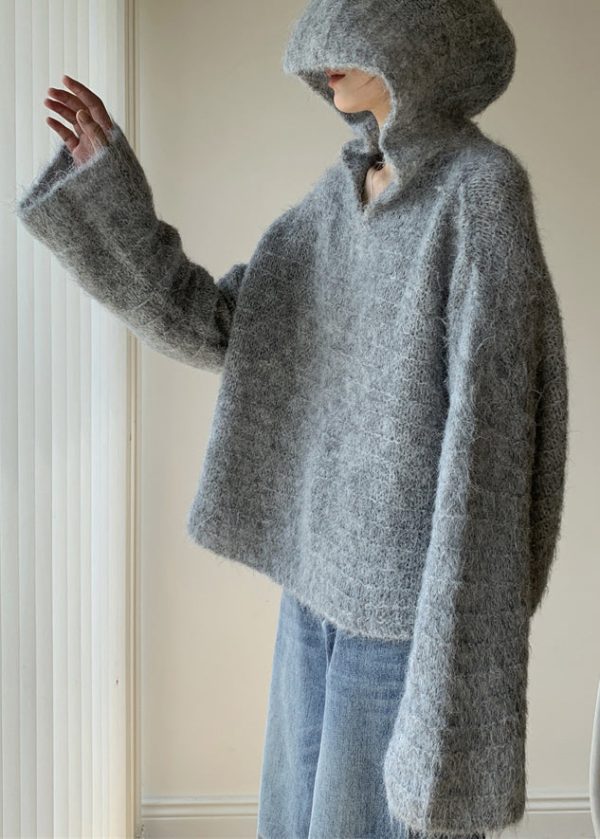 Women Grey Hooded Solid Cotton Knit Sweaters Spring - Image 4