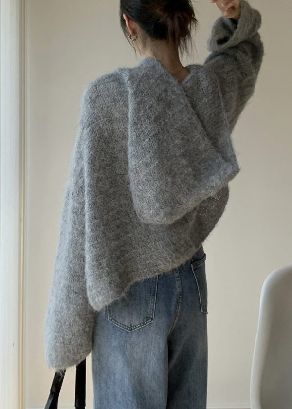 Women Grey Hooded Solid Cotton Knit Sweaters Spring - Image 5
