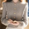 Women Grey O Neck Ruffled Patchwork Knit Top Spring