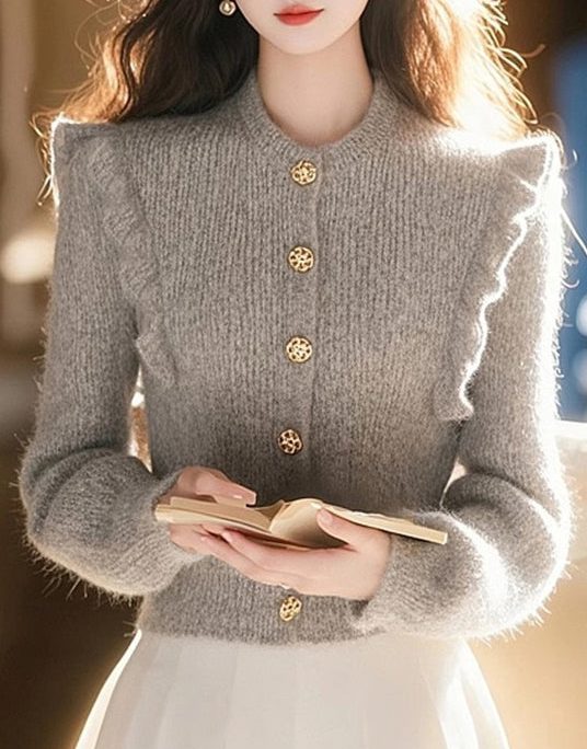 Women Grey O Neck Ruffled Patchwork Knit Top Spring