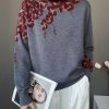 Women Grey Turtle Neck Print Knit Pullover Spring