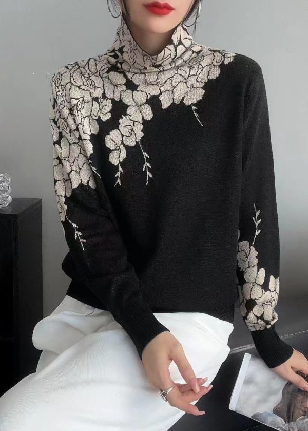 Women Grey Turtle Neck Print Knit Pullover Spring - Image 2