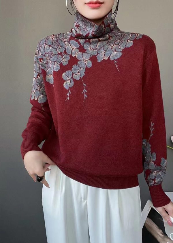 Women Grey Turtle Neck Print Knit Pullover Spring - Image 3