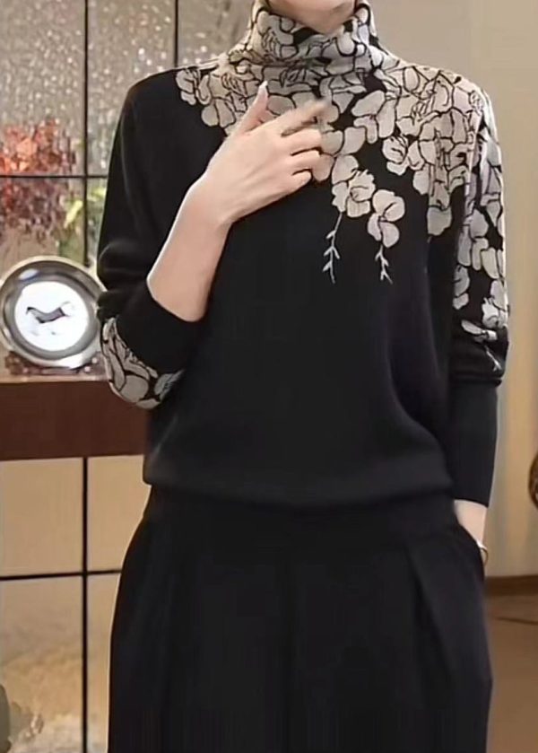 Women Grey Turtle Neck Print Knit Pullover Spring - Image 4