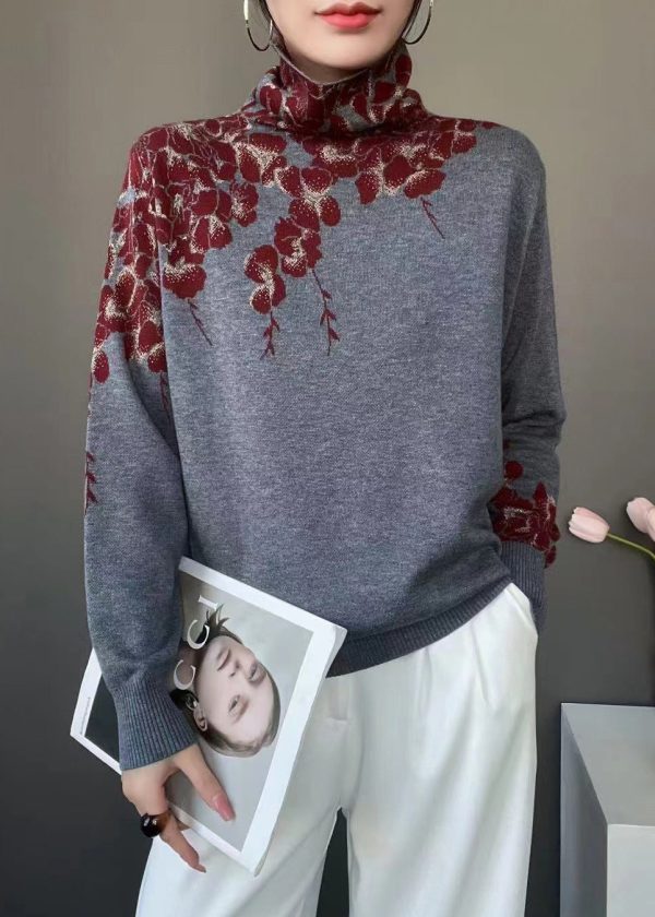 Women Grey Turtle Neck Print Knit Pullover Spring - Image 5