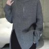 Women Grey Zip Up Asymmetrical Loose Knit Sweaters Spring