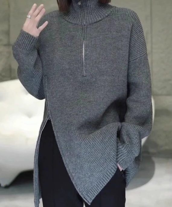 Women Grey Zip Up Asymmetrical Loose Knit Sweaters Spring