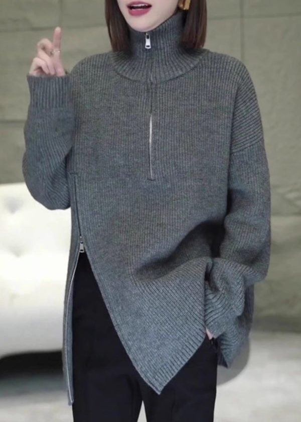 Women Grey Zip Up Asymmetrical Loose Knit Sweaters Spring - Image 5
