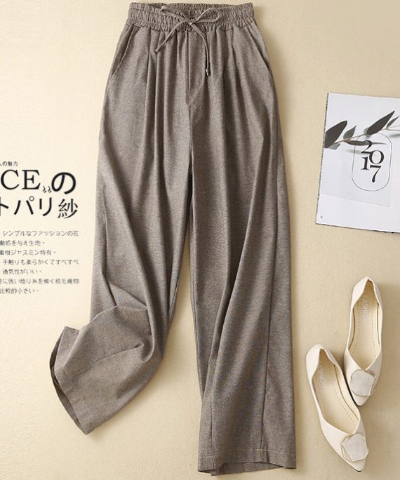 Women Khaki Elastic Waist Linen Pants Spring