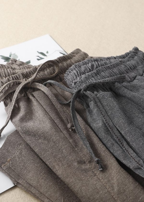 Women Khaki Elastic Waist Linen Pants Spring - Image 4