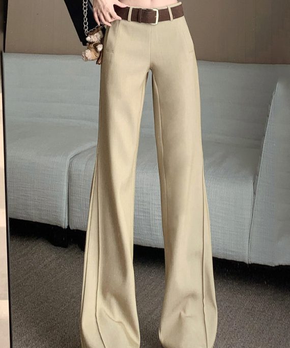 Women Khaki Pockets Patchwork High Waist Wide Leg Pants Spring