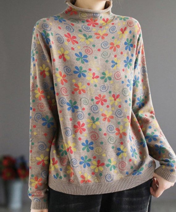 Women Khaki Print Sweater Tops High Neck Plus Size Spring Knitwear