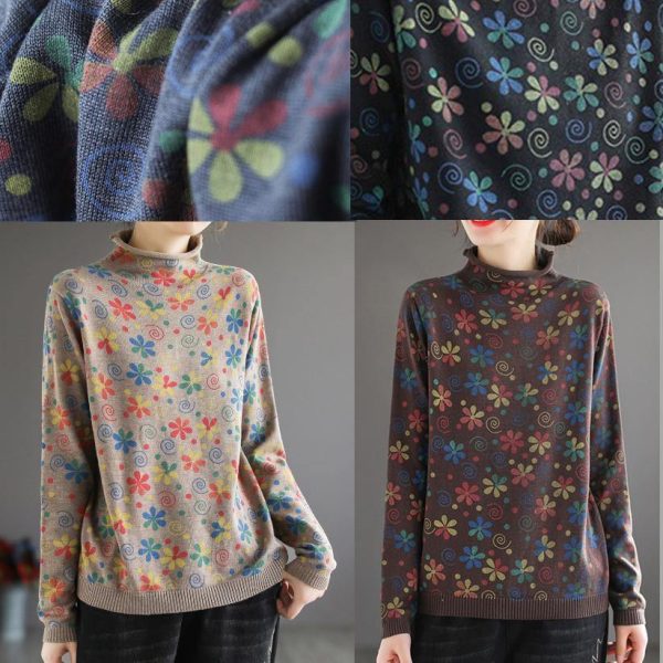 Women Khaki Print Sweater Tops High Neck Plus Size Spring Knitwear - Image 5