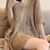 Women Khaki V Neck Hollow Out Knit Tops Half Sleeve