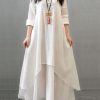 Women Long Sleeve Double Layers Button Asymmetric Vintage Maxi Dress